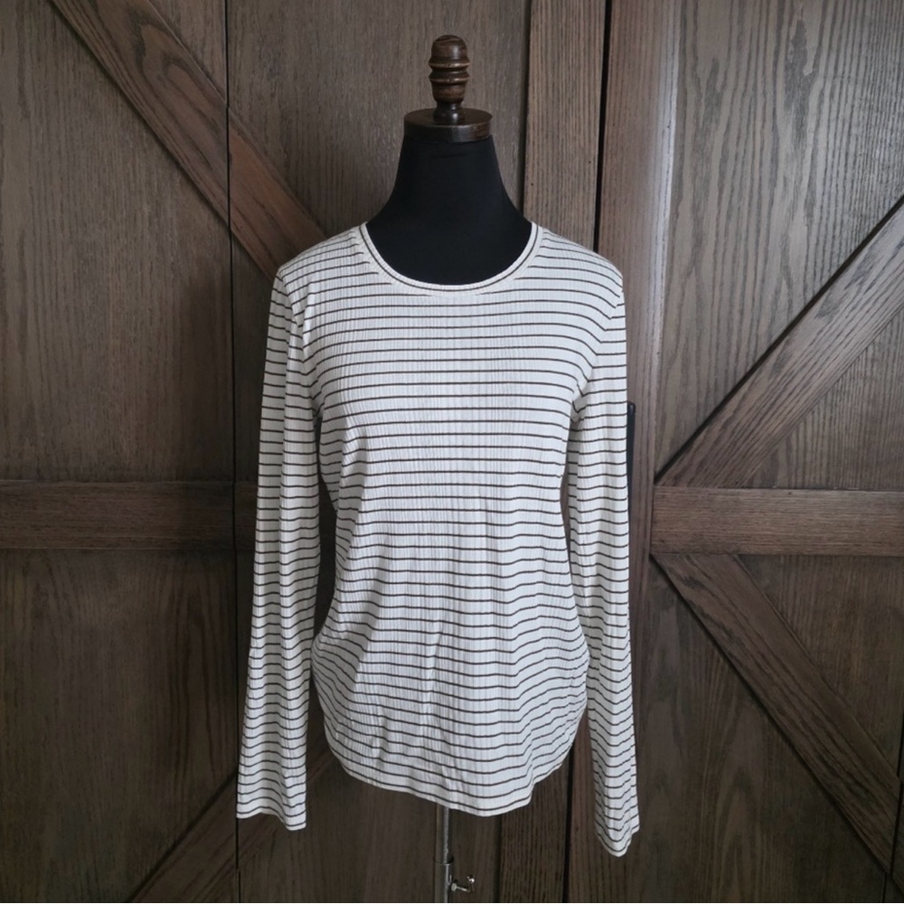 Vince Ribbed Green and White Fitted Long Sleeve T-Shirt